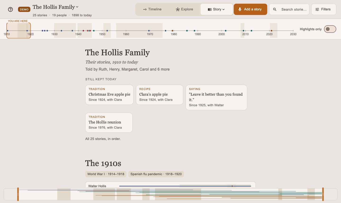 The Story view: a family's stories read like a book, with the traditions still kept today.